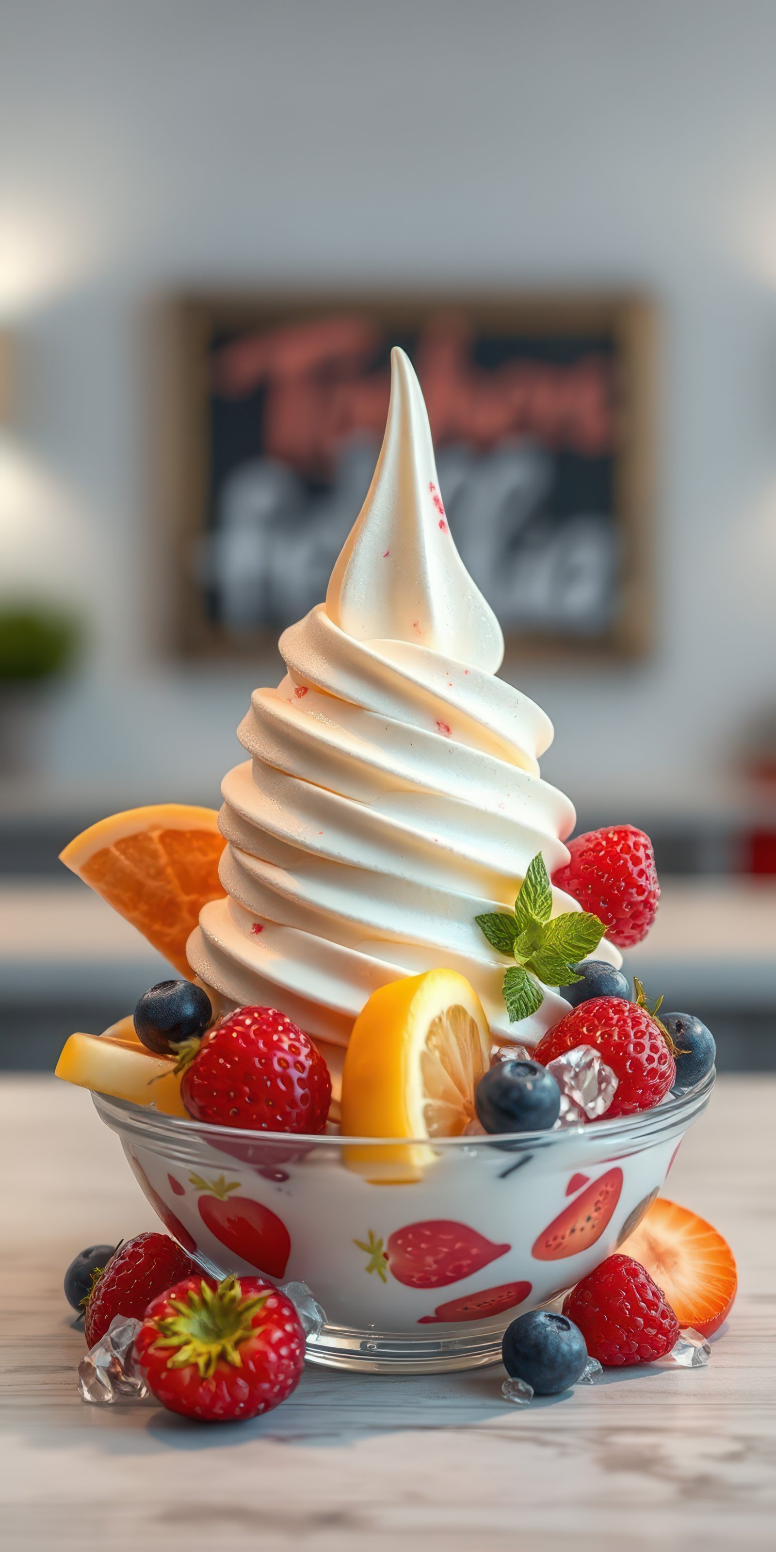Delightful soft serve dessert topped with fresh fruits served in a charming bowl